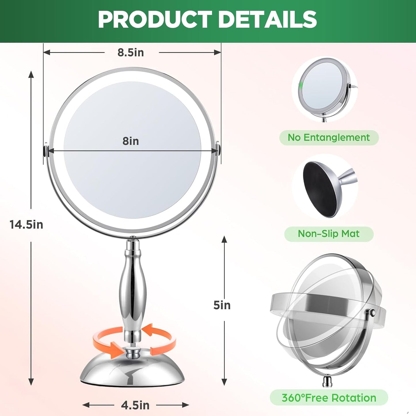 Lighted 30x Magnifying Makeup Mirror - Adjustable Brightness, 3 Color Modes | 5000mAh Rechargeable, 360° Rotation