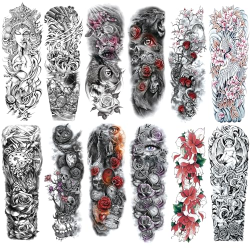 Full Arm Temporary Tattoo Sheets - Pattern A - 12 Pack Waterproof Fake Tattoos