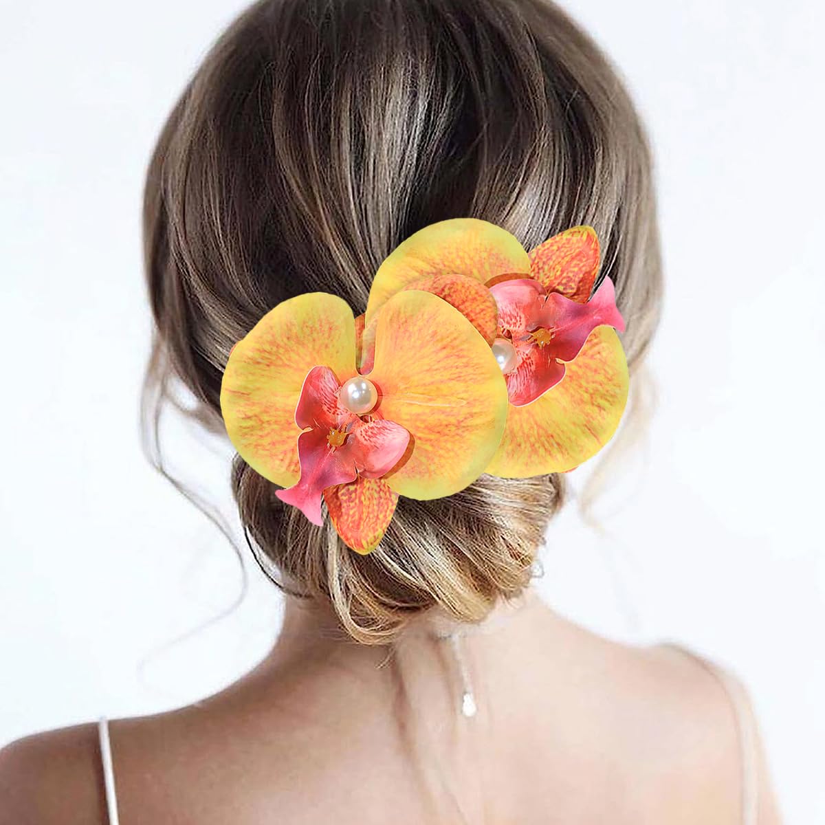 Boho Orchid Hair Clips - 2pcs Artificial Phalaenopsis Barrettes | Bridal Beach Party Accessories (Blue)