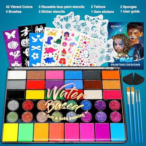 42-Color Face Painting Kit – Non-Toxic Water-Based Paint Set with Brushes & Stencils for Halloween, Cosplay & Festivals