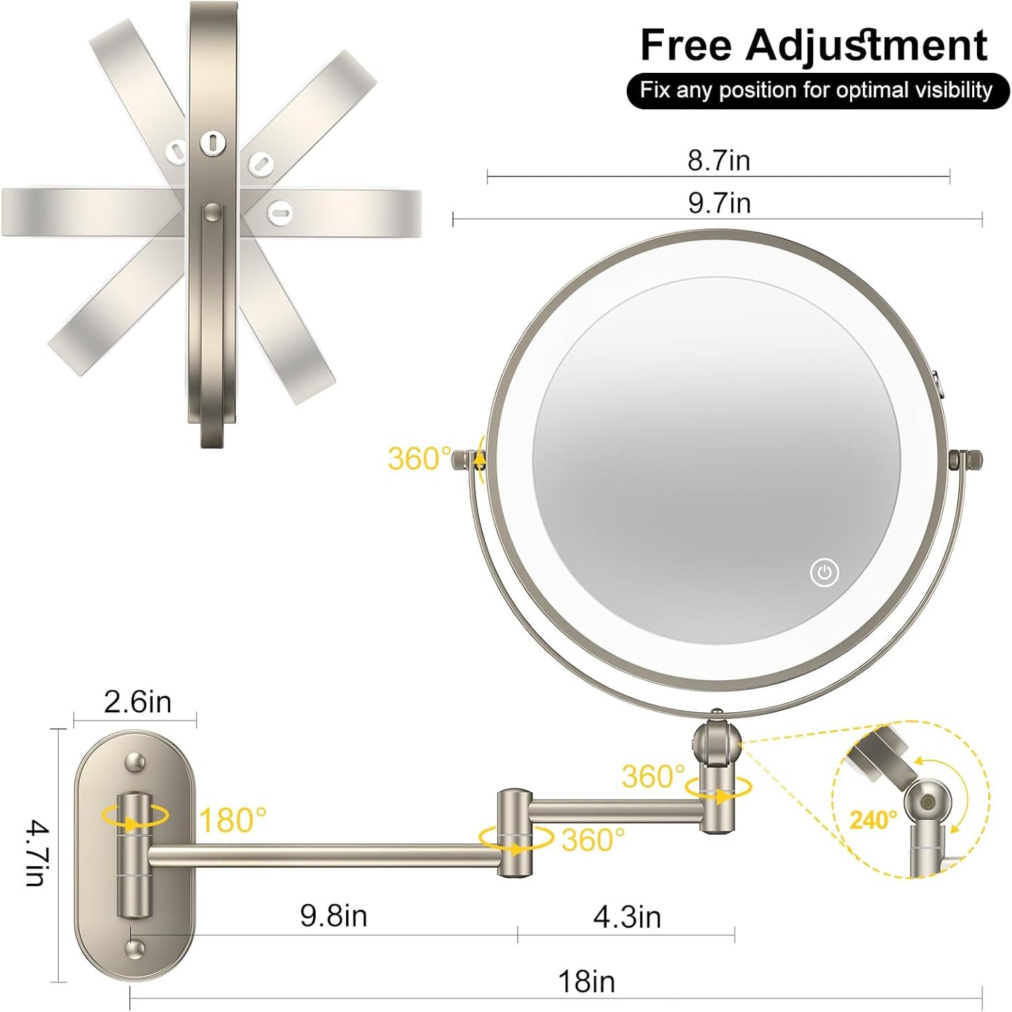 IMIKONA 9-Inch Wall Mounted Lighted Makeup Mirror - 1X/10X Magnification, 3 Color Lights, Touch Dimmable, 360° Rotation