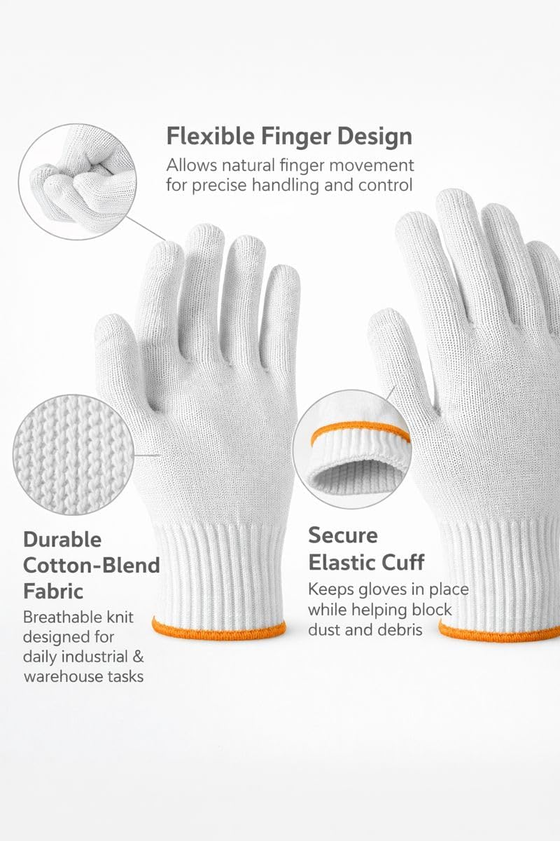 White Cotton Work Gloves - 12 Pairs Reusable Knit Gloves for Men & Women | Soft, Breathable, Washable with Orange Cuff