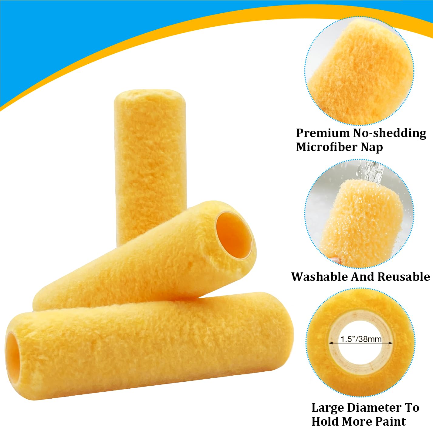 Great Andrew 3 PCS Paint Roller Covers 9 Inch, 3/8" Nap Paint Roller Kit Dense Fibers for Painting Textured Semi Smooth Surfaces Walls, Ceilings, for 9" Paint Roller Frame