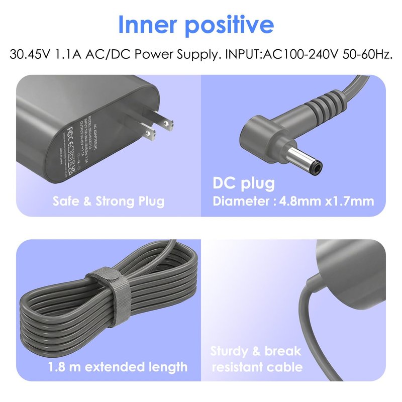 30.45V Replacement Charger for Dyson V10 V11 V12 V15 SV12 SV14 SV16 SV20 SV22 Absolute Animal Motorhead Cordless Vacuum Cleaner, 4.8×1.7mm DC Plug, Not Compatible with Dyson V6 V7 V8