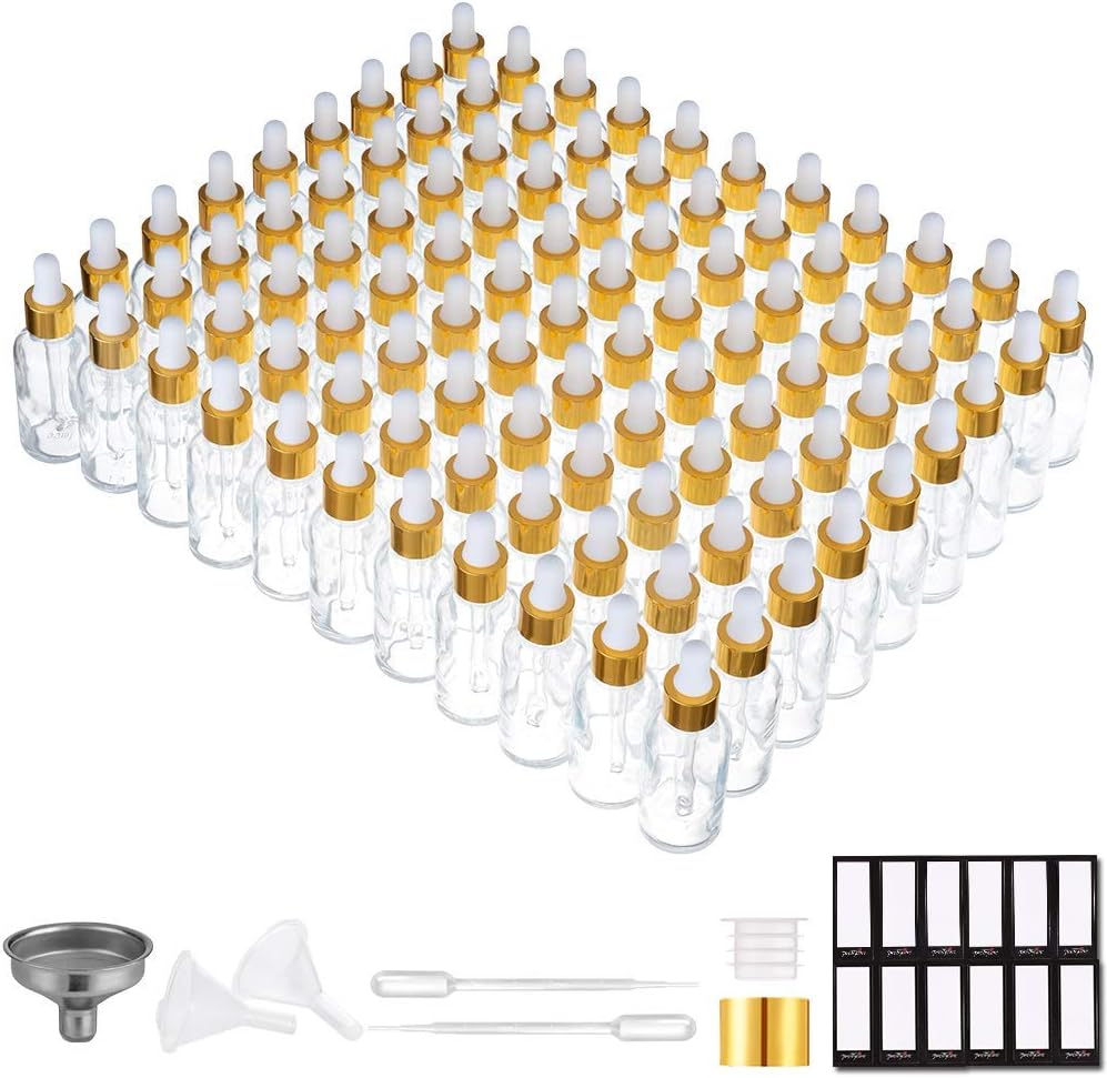 Glass Eye Dropper Bottles - 24 Pack 0.5oz Amber Leakproof Bottles with Golden Caps | Perfect for Essential Oils, Tinctures, Travel