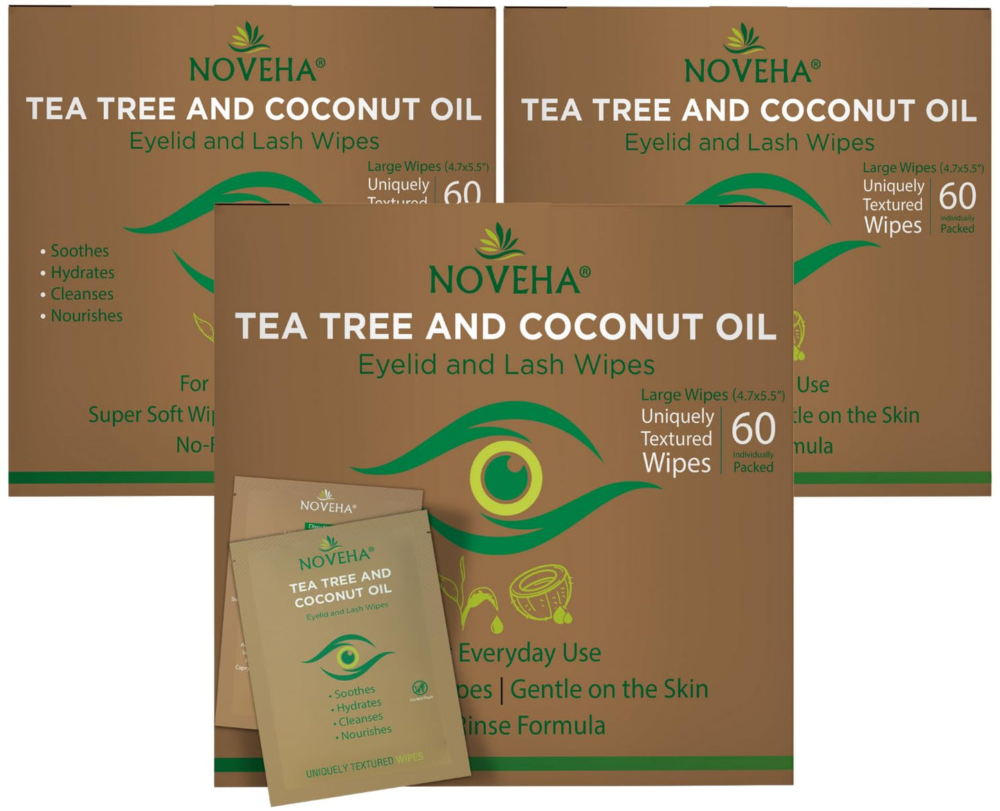 NOVEHA Tea Tree & Coconut Oil Eyelid Wipes - 60 Individually Wrapped Makeup Remover Wipes for Itchy Eyes | Aloe Vera Infused