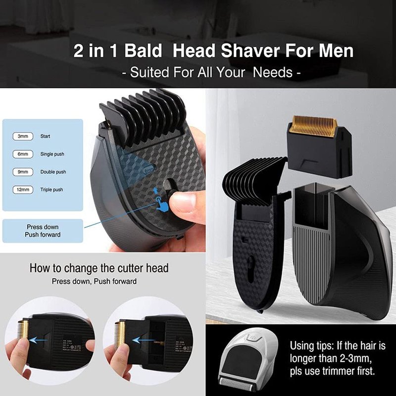 SUYOOULIN Self-Haircut Hair Clippers, Shortcut Grooming Haircut Kit, Waterproof Rechargeable Cordless Electric Hair Trimmer Men Head Clippers, 2 Cutting Heads, 4-in-1 Limit Comb (Silver)
