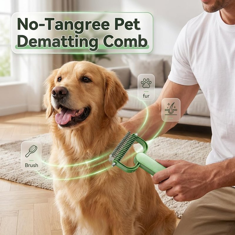 Universal Pet Detangling Comb - Professional Dematting & Undercoat Rake for Dogs & Cats | Gentle Grooming Brush (Green)