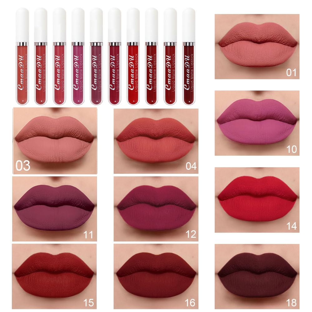 Matte Lipstick Set - 10Pcs Long-Lasting Liquid Lip Color for Black Women | Dark Ruby, Mauve, Plum & More