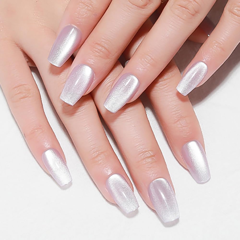 Aqua Blue Cat Eye Press-On Nails - Medium Square Chrome Design | Holographic Glitter Gel Acrylic Reusable