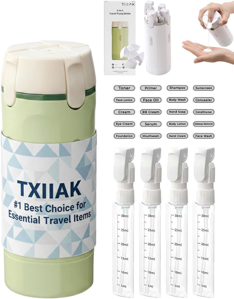 Travel Dispenser Bottle Set - 4 in 1 Refillable Cosmetic Containers | Leakproof Shampoo & Conditioner for Vacation Essentials