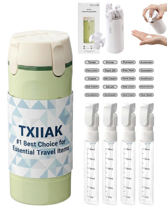 4 in 1 Travel Dispenser Bottle Refillable Cosmetic Liquid Containers, Squeeze Pump Shampoo Conditioner Bottles Essentials Toiletries Leakproof, Air Traveling Portable Set Vacation Essentials