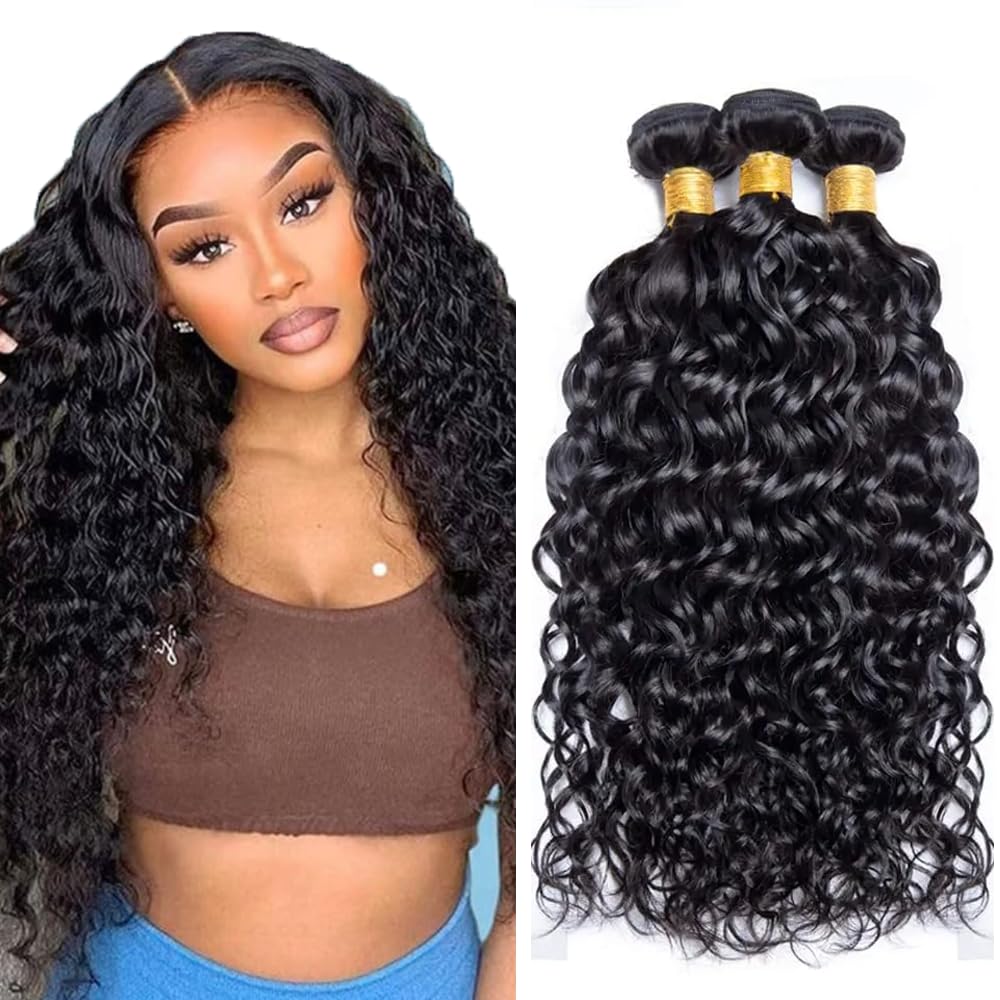 Human Hair Bundle Natural Black Water Wave Bundles 26 28 30 Inch Unprocessed Brazilian Virgin Hair 3 Bundles 150g #1b Color Natural Black