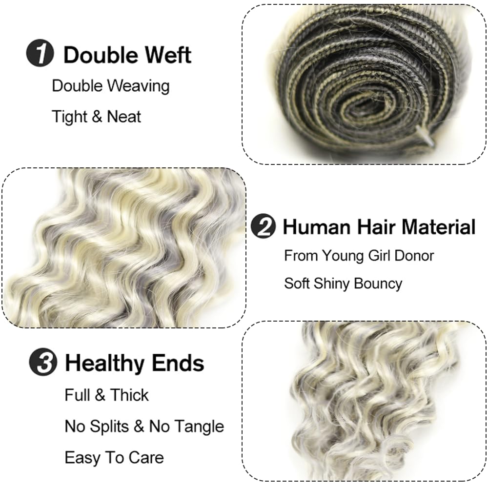 Grey Bundle Silver Deep Wave Human Hair Bundles Grey/613 Deep Wave Bundle 22 24 26 Inch Brazilian Unprocessed Virgin Hair 3 Bundles