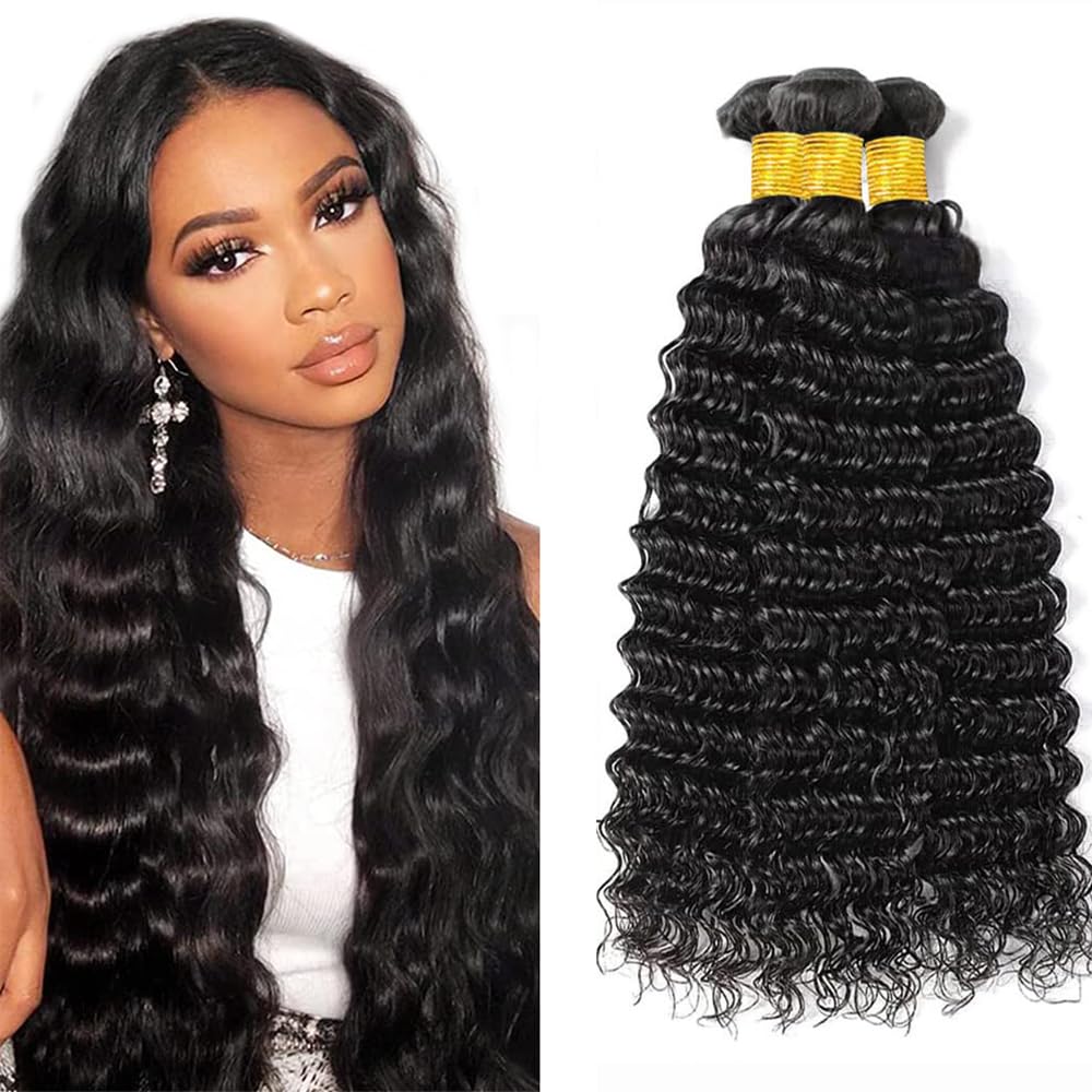 Loose Deep Wave Bundles Human Hair Natural Black Color Peruvian Virgin Hair 3 Bundles 26 28 30 Inch Deep Wave Bundle Soft Hair Extensions
