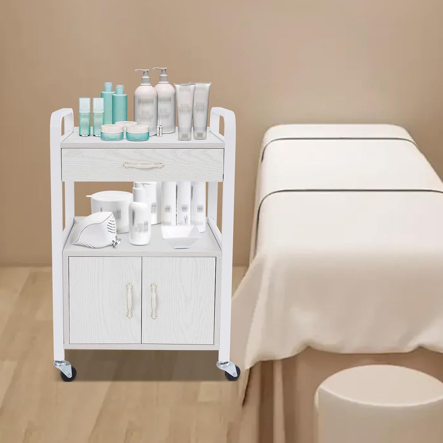 Salon Storage Trolley Cart - Movable Beauty Organizer with Drawers | Stylish White Hair Salon Station