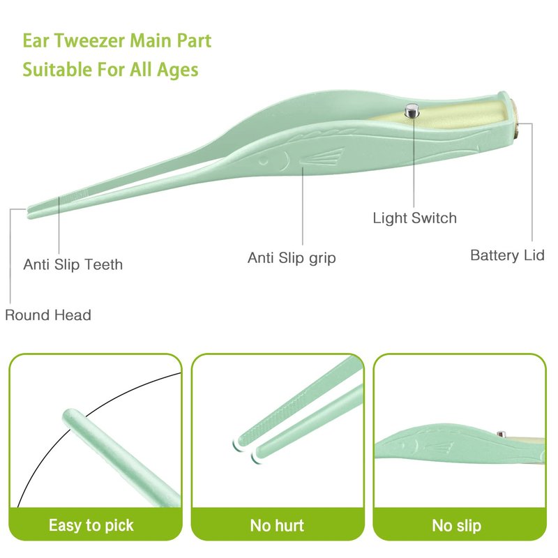 4 Pack Ear Wax Removal Tool Kit with Light, Ear Pick Ear Cleaning Tools Set for Kids and Adults, Ear Picks Digger & Tweezers & Spiral Spring Ear Spoon with Storage Box (Green)