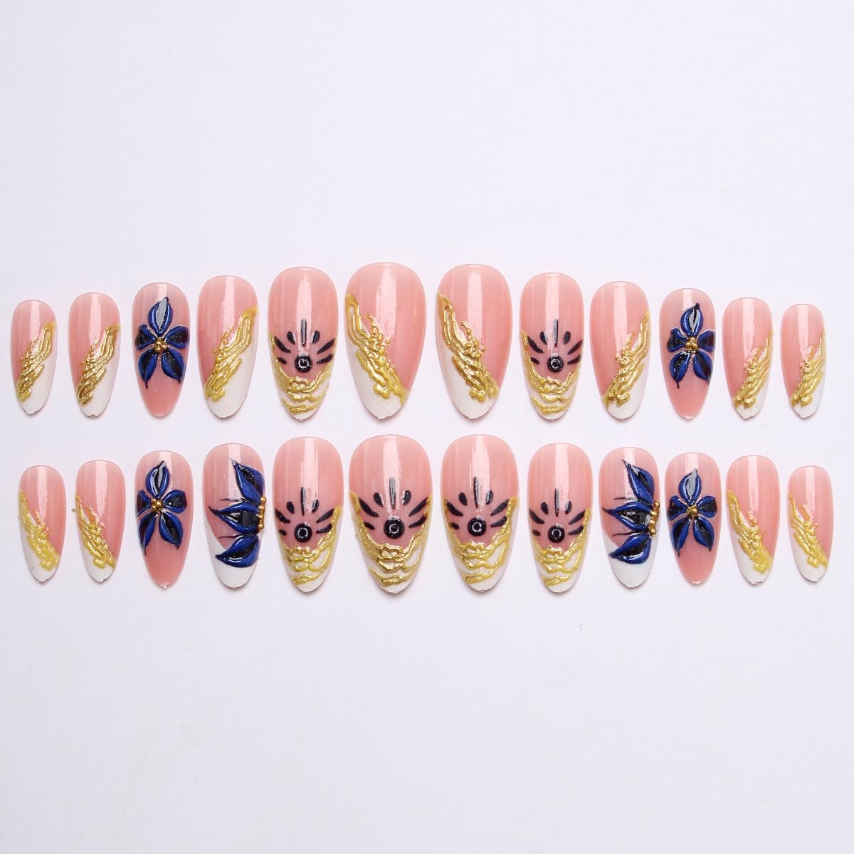 Blue Floral Press-On Nails - Almond Shape Chrome Gold French Tip | 24 Pcs Medium Length Full Cover Acrylic Art for Weddings & Daily Use
