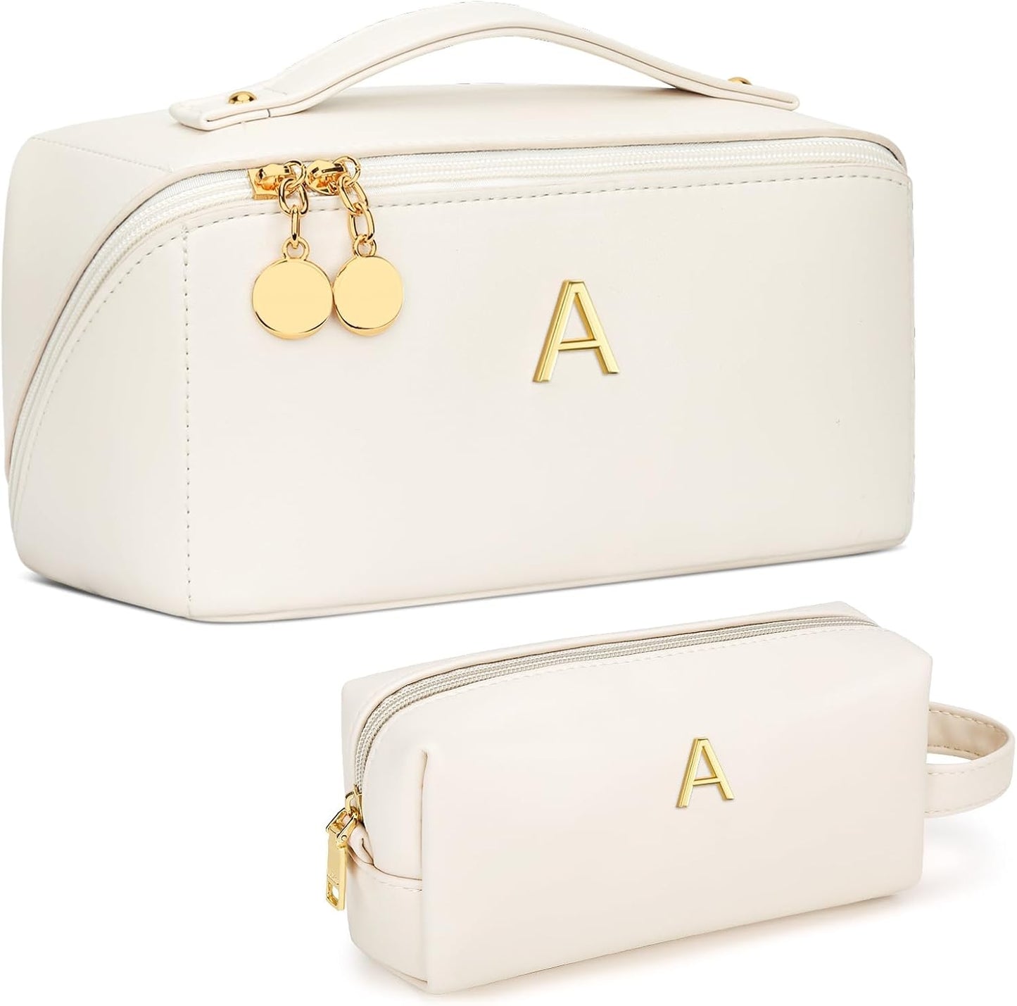 Personalized Initial Makeup Bag - Stylish PU Leather Travel Toiletry Bag | Multi-Pocket Design in Beige