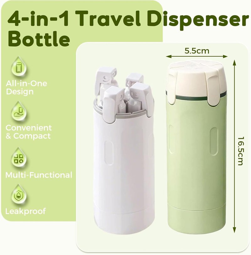 Travel Dispenser Bottle Set - 4 in 1 Refillable Containers for Shampoo, Lotion & Conditioner | Portable Travel Size (2 Pack, White & Green)