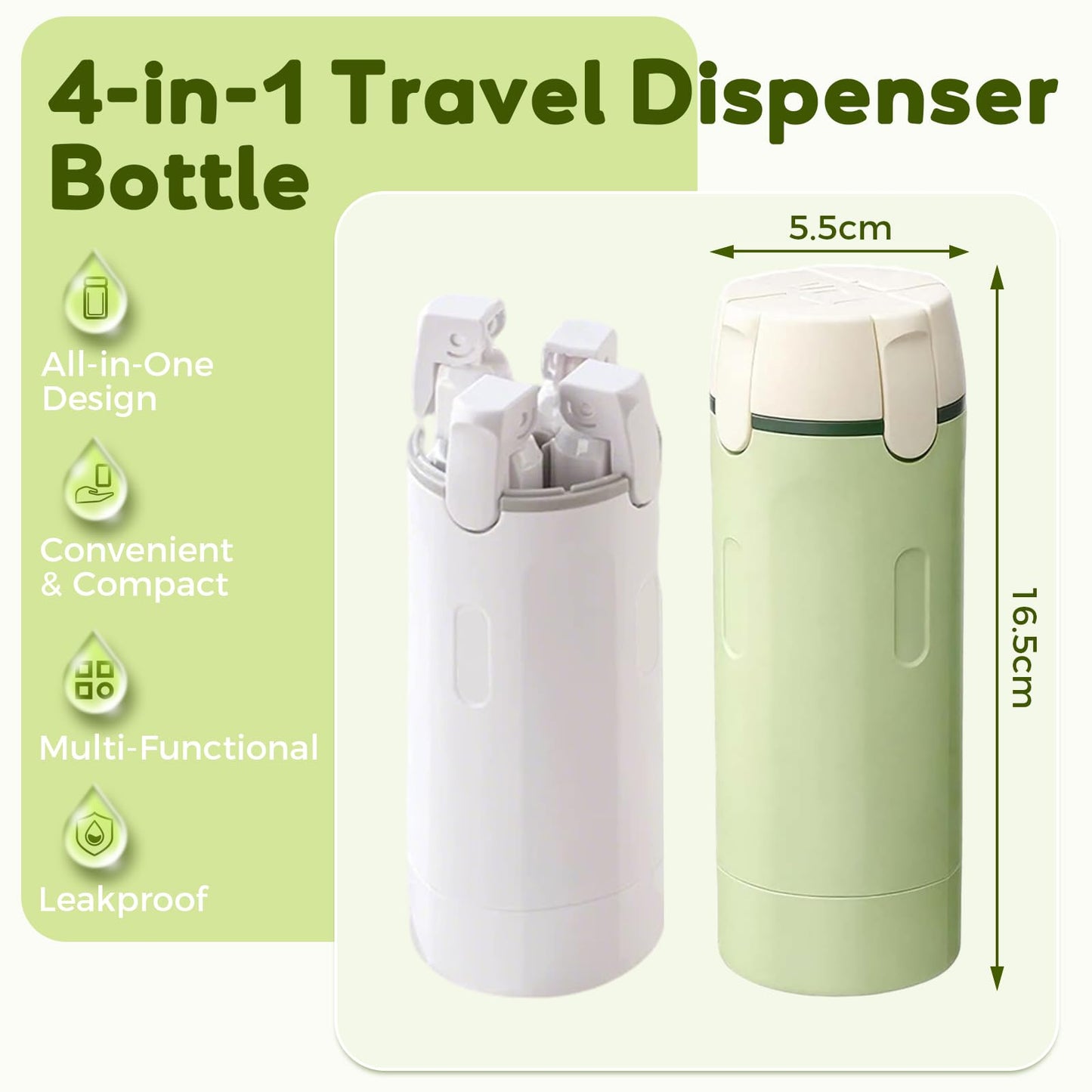 Sniqafo 4 in 1 Travel Dispenser Bottle, Portable Refillable Travel Size Containers with Labels for Shampoo Lotion Conditioner, Perfect for Gym Camping Business Trip Vacation (2 Pack, White+Green)