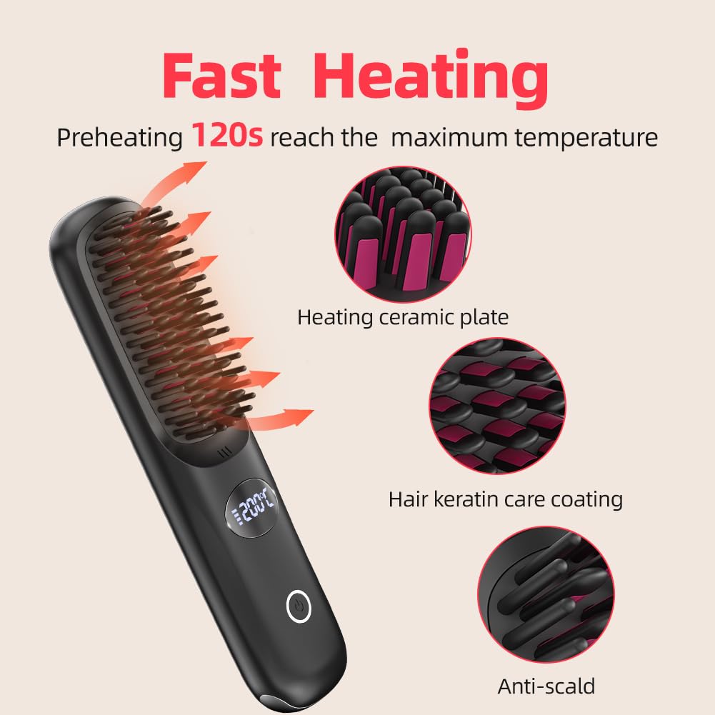 Cordless Hair Straightener Brush for Travel Portable Hair Straightener Comb with Negative Ion Mini hot Brush for Women, on-The-go Rechargeable with LED Display Anti-Scald Protection