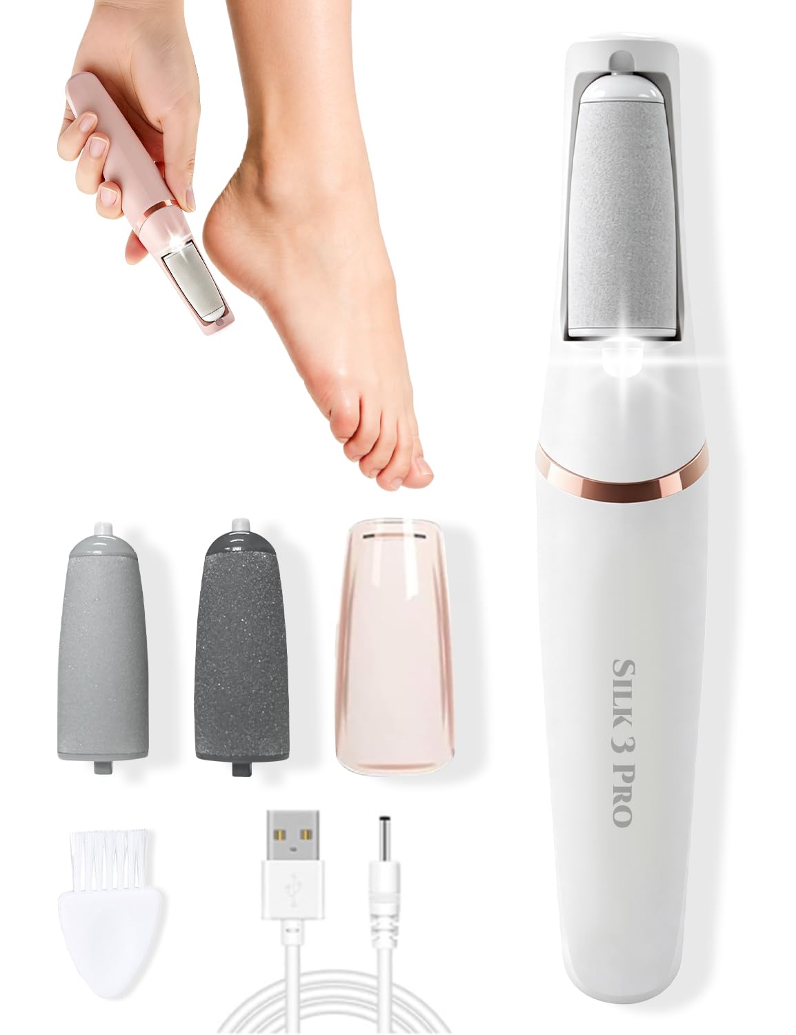 Silk 3 Pro Callus Remover, Upgraded 3rd Electric Callus Removers for Feet, Foot File Callus Remover Pedicure Tools with 2 Speeds, for Dry/Calluses/Cracked/Hard Skin - Soft Smooth Skin (White)