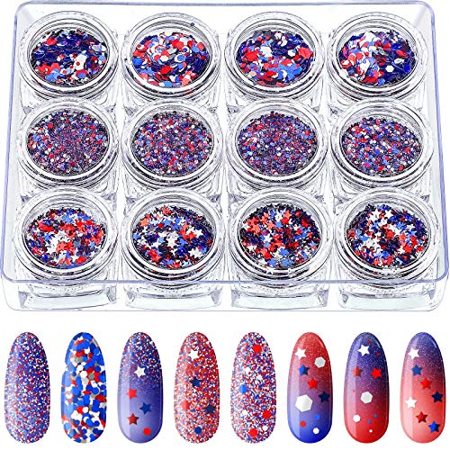4th of July Nail Glitter Sequin Set - Patriotic Star & Hexagon Sparkle Mix, 12 Boxes