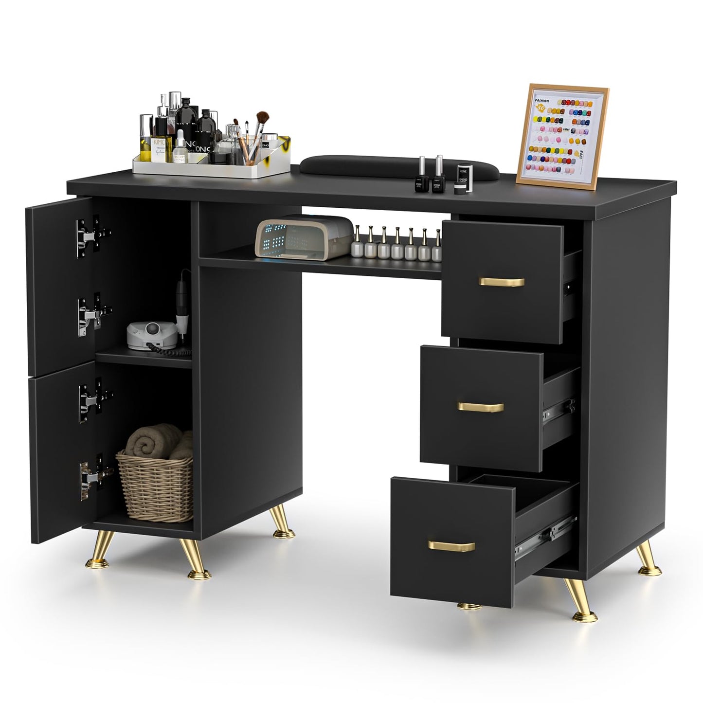 Charmmade Nail Tech Desk with Storage,Acetone-Resistant Manicure Table,Nail Table Beauty Salon Tech Station,3 Drawers,2 Cabinets,Wrist Cushion,Sturdy Metal Legs for Salon,Spa,Home (Black-Gold)