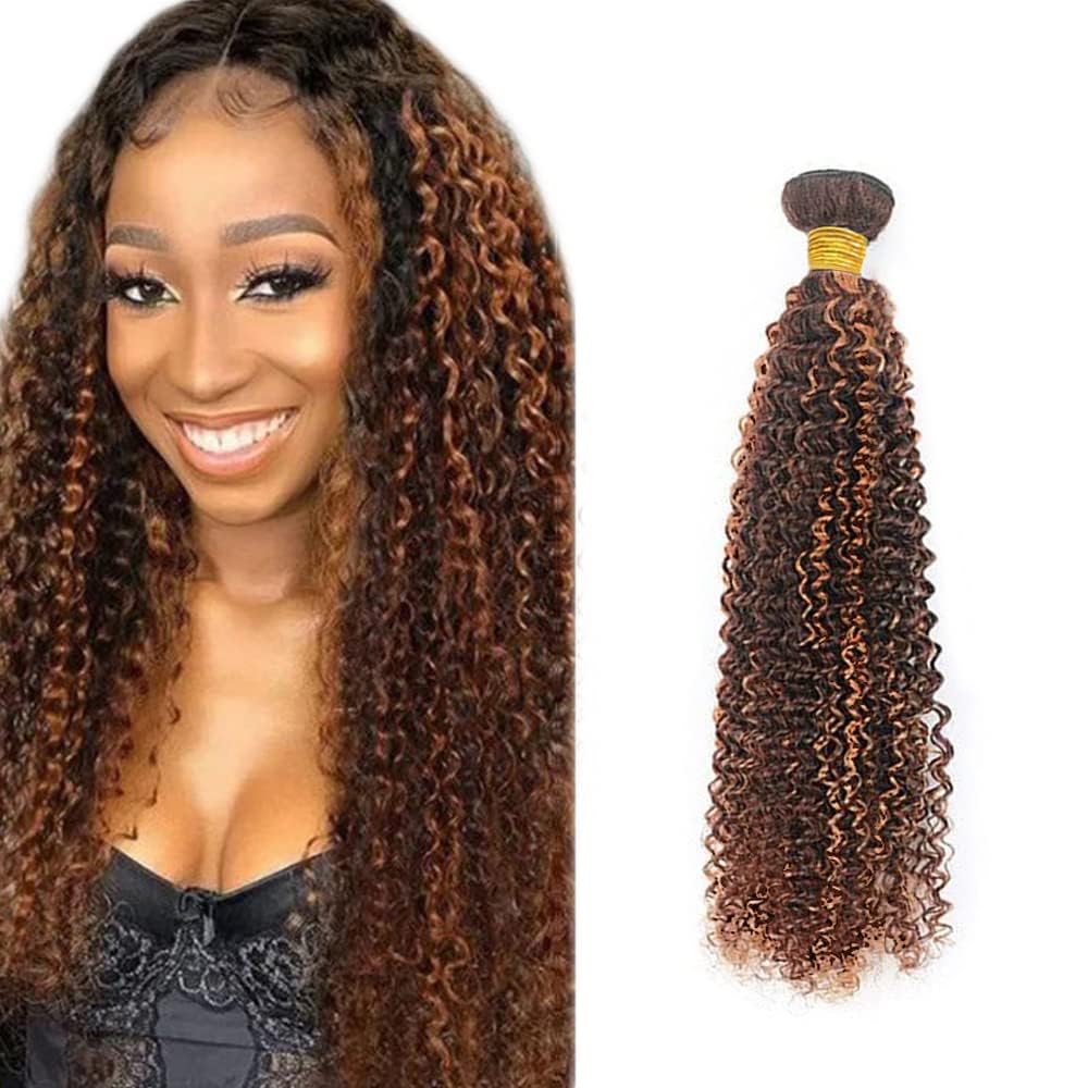 Light Brown Bundles Human Hair Highlight Kinky Curly Bundle Brazilian Virgin Hair 1 Bundle 28 Inch 4/30 Kinky Curly Bundle Human Hair Weave 100g