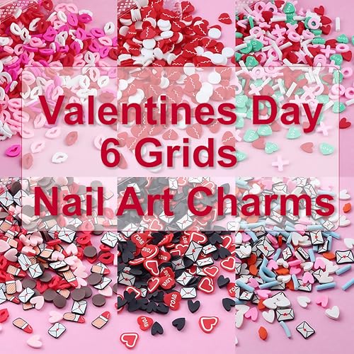 Valentine Nail Art Charms Set with Heart Lips Envelopes for DIY Manicure