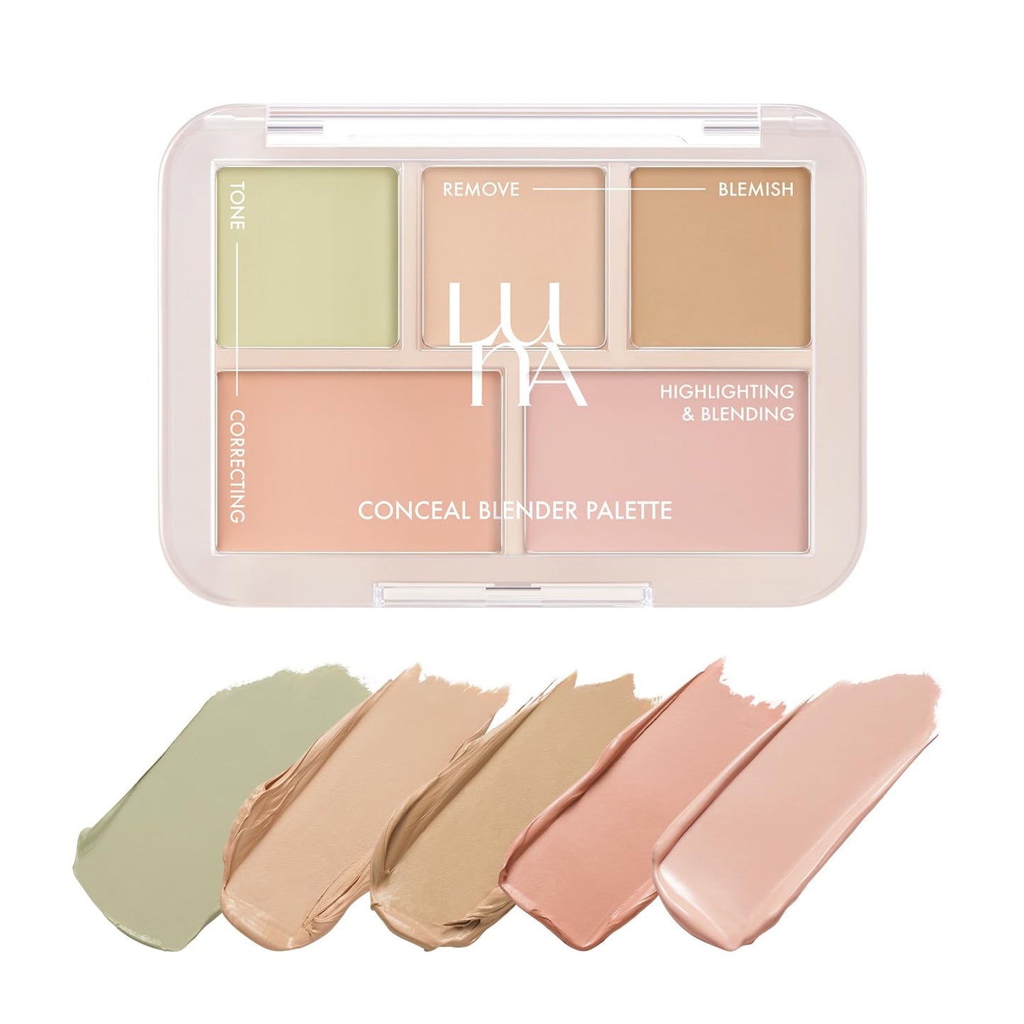 LUNA Conceal Blender Palette 01 - 5-in-1 Color Correcting Concealer | Beige, Green, Vanilla, Medium Peach, Pure Bright