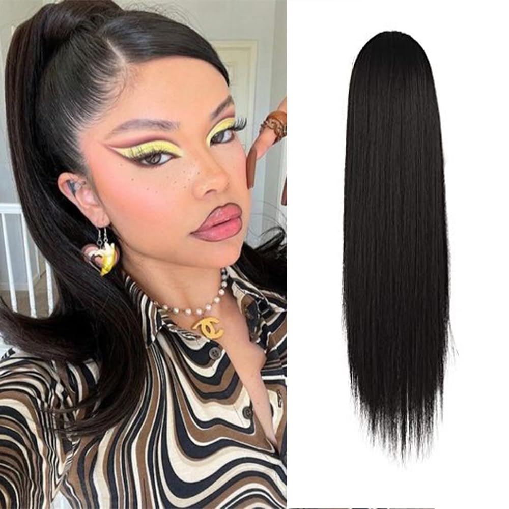 Dark Brown Straight Ponytail Extension - 28 Inch Clip-In Hairpiece for Women | Synthetic Wrap Around Style