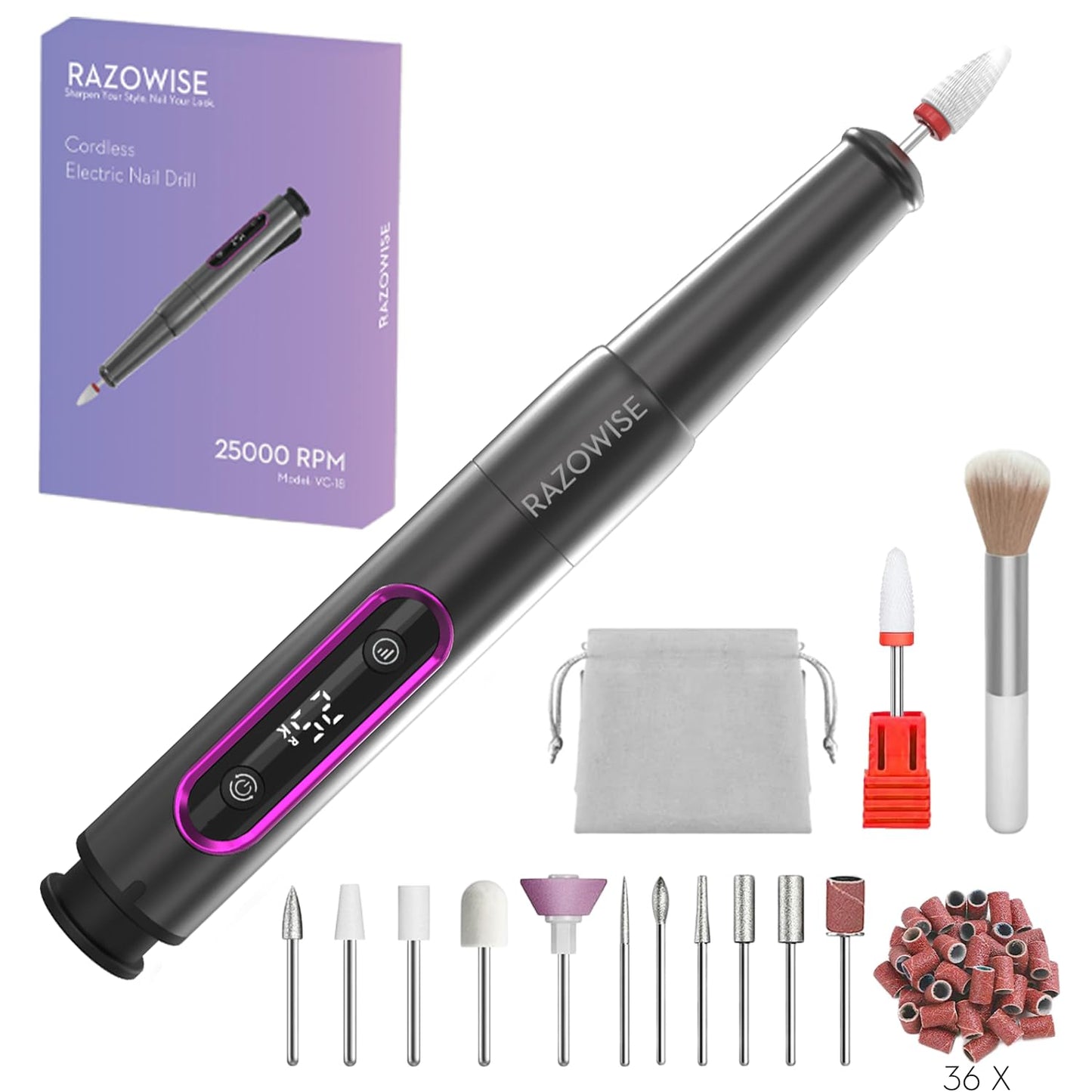 Electric Nail Drill - Professional 12-in-1 Efile for Acrylic & Gel Nails | Portable, Rechargeable, 5 Speeds, Grey