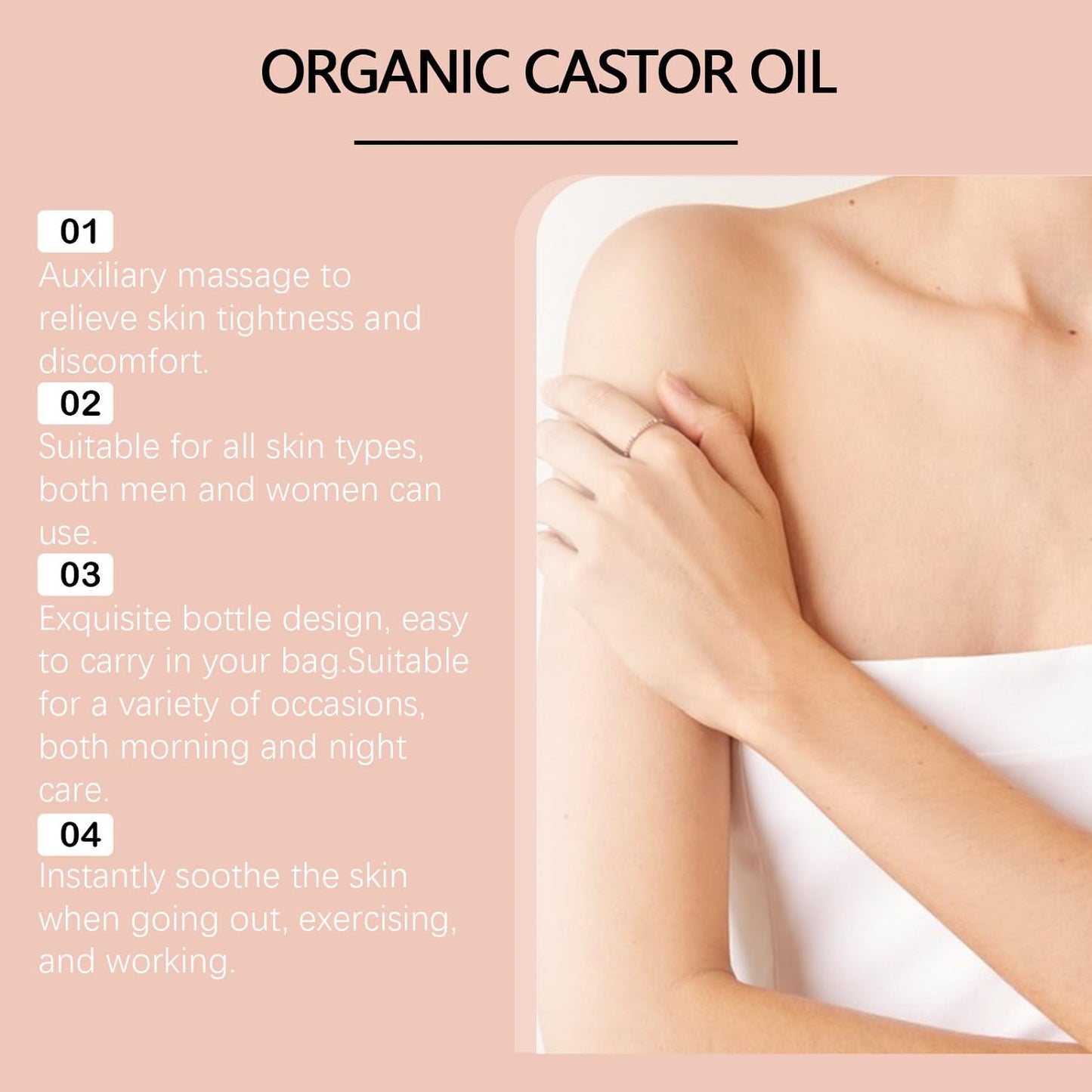 Organic Castor Oil Roll-On with Rose Quartz - 100% Pure Cold-Pressed for Hair Growth, Eyelashes & Skin | 50ml