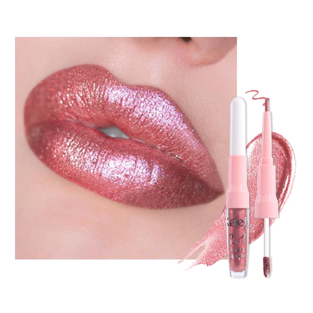 Kaely 2-in-1 Mauve Metallic Lipstick and Lip Liner Makeup, Shimmer Liquid Metallic Lipsticks for Women, Glitter Lip Gloss Stain Long Lasting Waterproof Smudge Proof 24 Hour, Vegan & Cruelty-Free, 16
