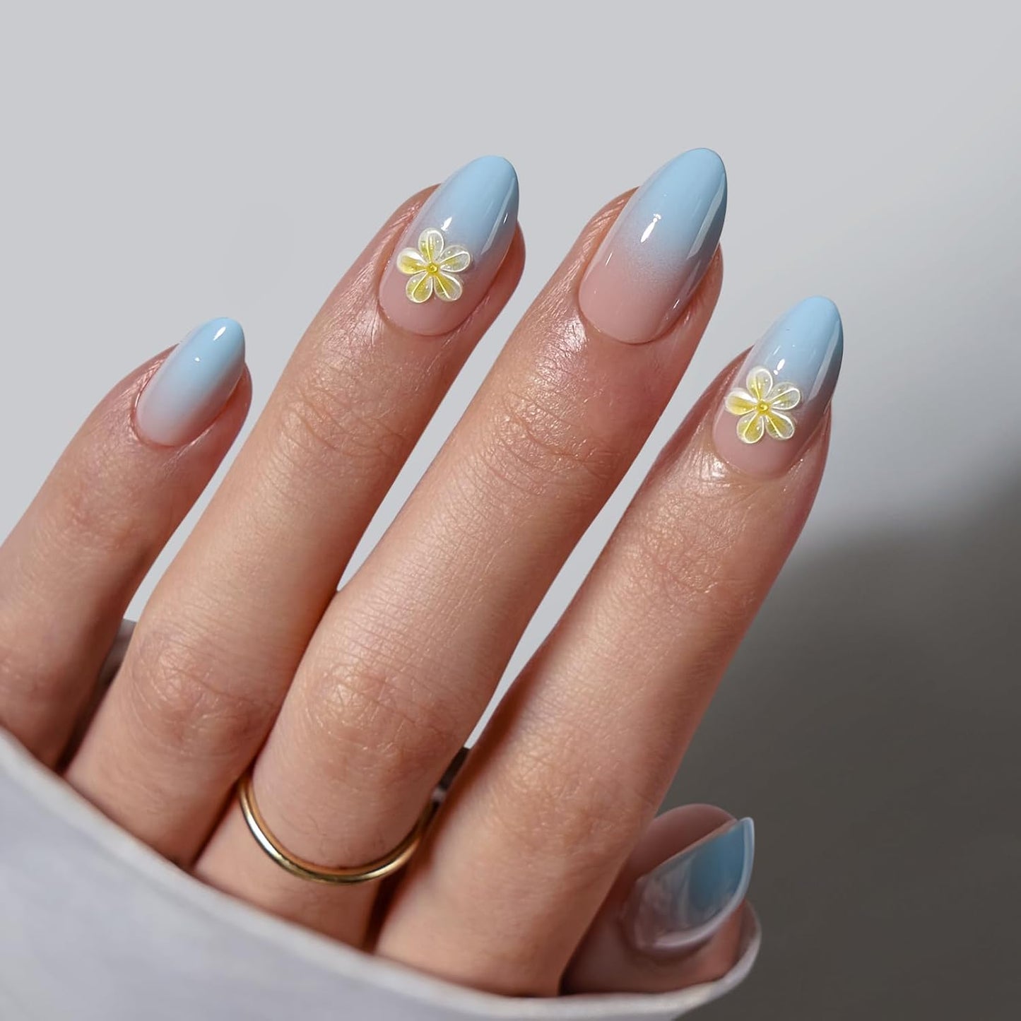 French Tip Press On Nails - Chrome Short Almond Design | Semi-Transparent Soft Gel, 16 Sizes, 32 Piece Kit