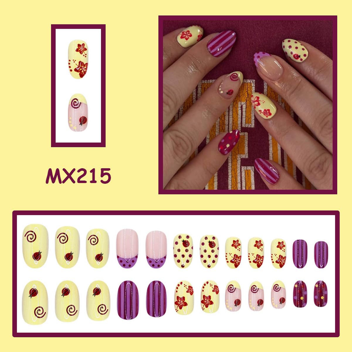 Press On Nails - Short Oval French Tip with Ladybug & Polka Dot Design | 24PCS Glossy Purple Yellow Full Cover