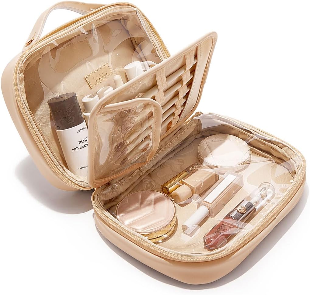 Travel Makeup Bag - Large Capacity Waterproof PU Leather Cosmetic Organizer | Flat Open Design for Skincare & Brushes