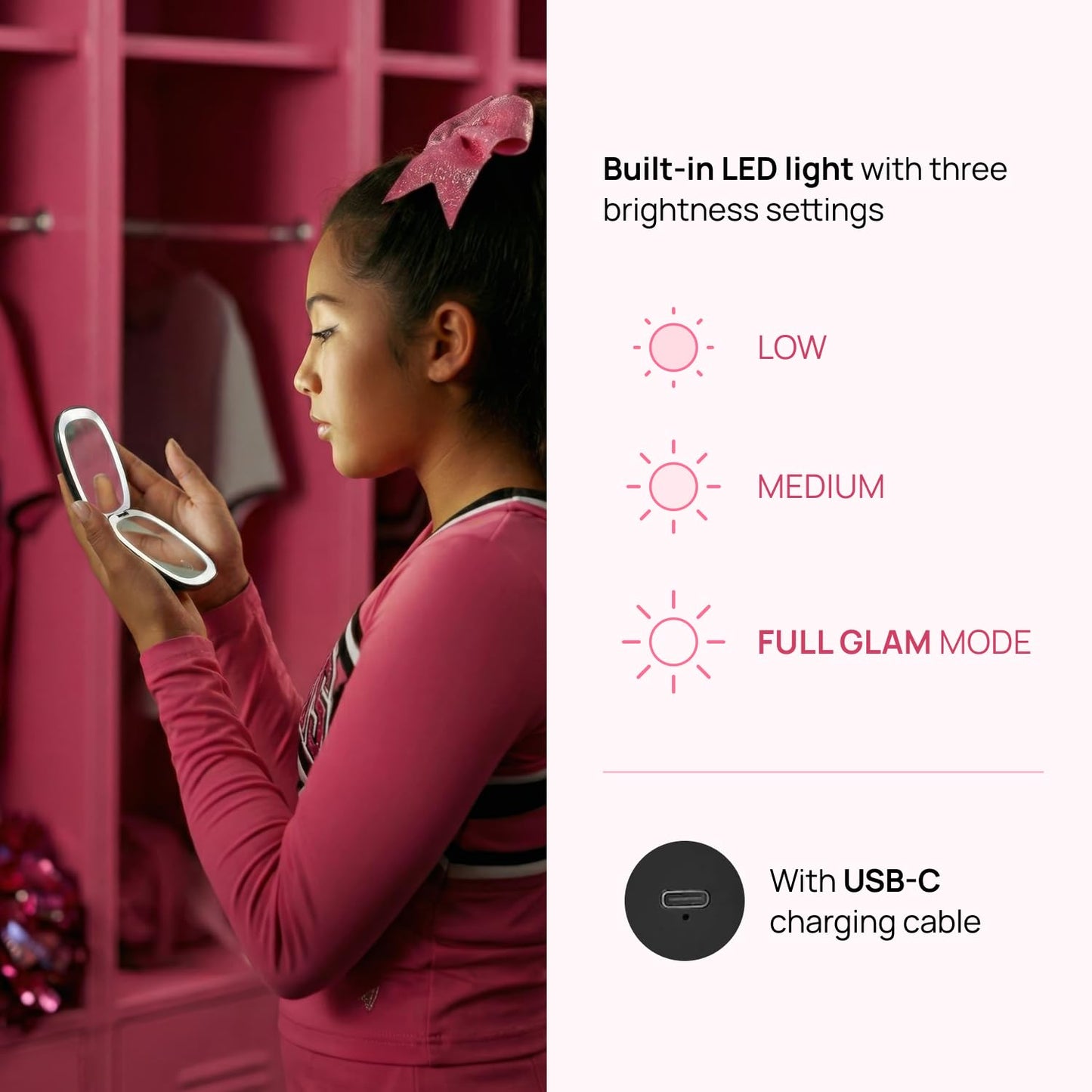 Full Out Glam Lux LED Lighted Compact Mirror | 1X + 10X Magnifying Makeup Mirror with Lights | USB-C Rechargeable & Dimmable for Detailed Touch-Ups