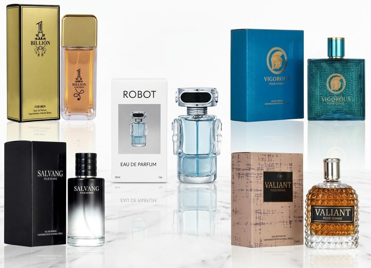 Signature Scent 5-Piece Men’s Fragrance Gift Set – Woody, Spicy & Citrus Cologne Collection – Includes Salvang, Billion, Vigorous, Valiant & Robot – Long Lasting Travel Size (30ml Each) Ideal Gift Set