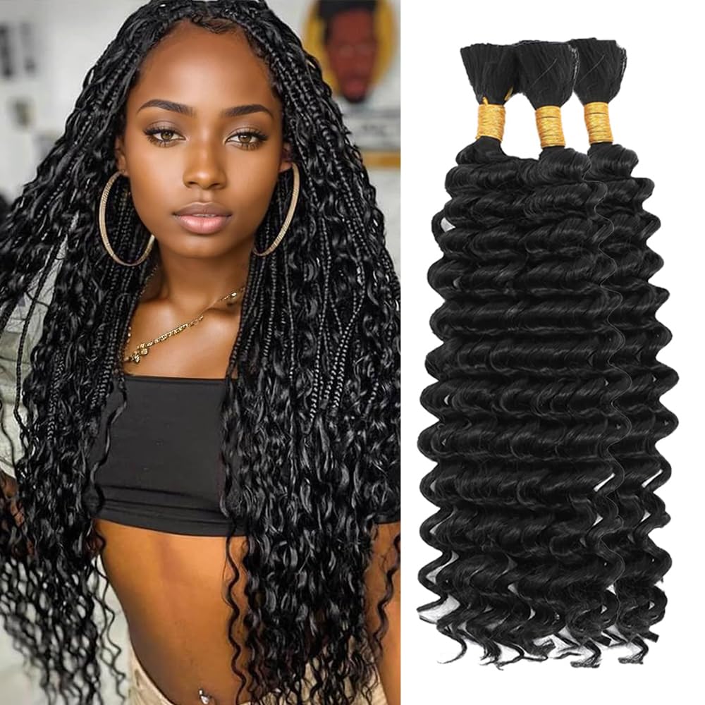 #1B Braiding Hair Natural Black Deep Wave Human Braiding Hair 28 28 28 Inch No Weft Deep Curly Human Hair Extensions for Braids #1B Natural Color