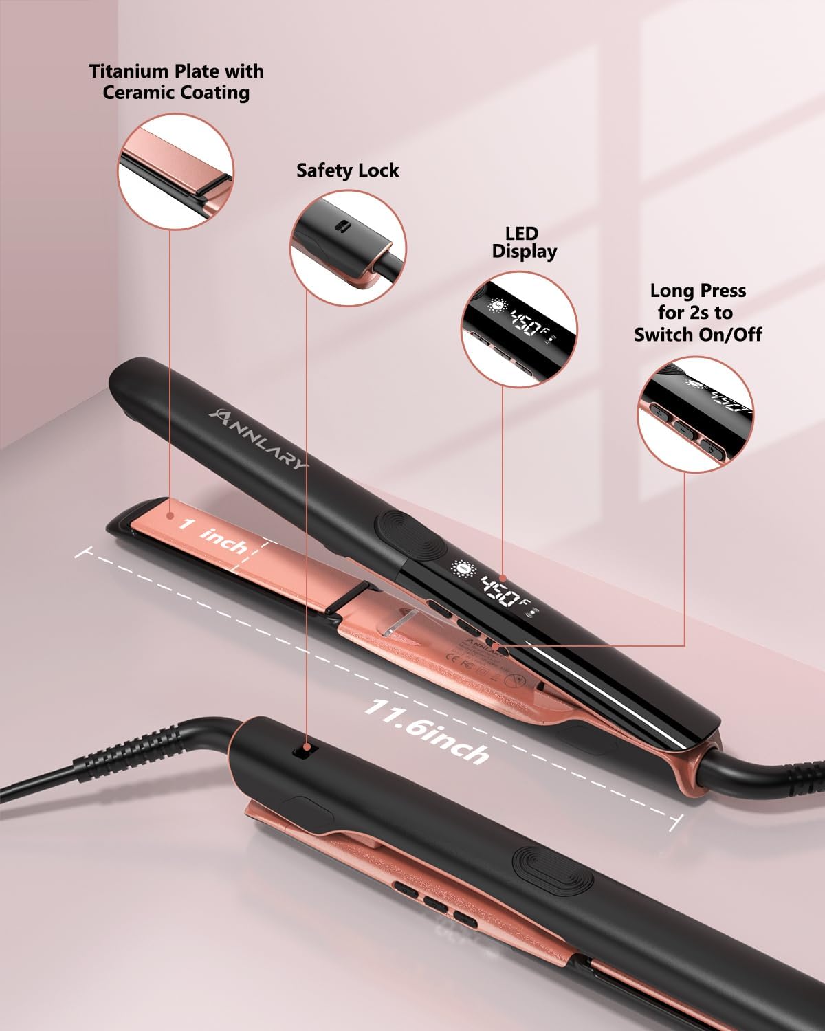 Annlary Hair Straightener | 1 Inch 2-in-1 Flat Iron & Curler - Titanium Ceramic, Ionic Dual Voltage for Smooth, Frizz-Free Hair