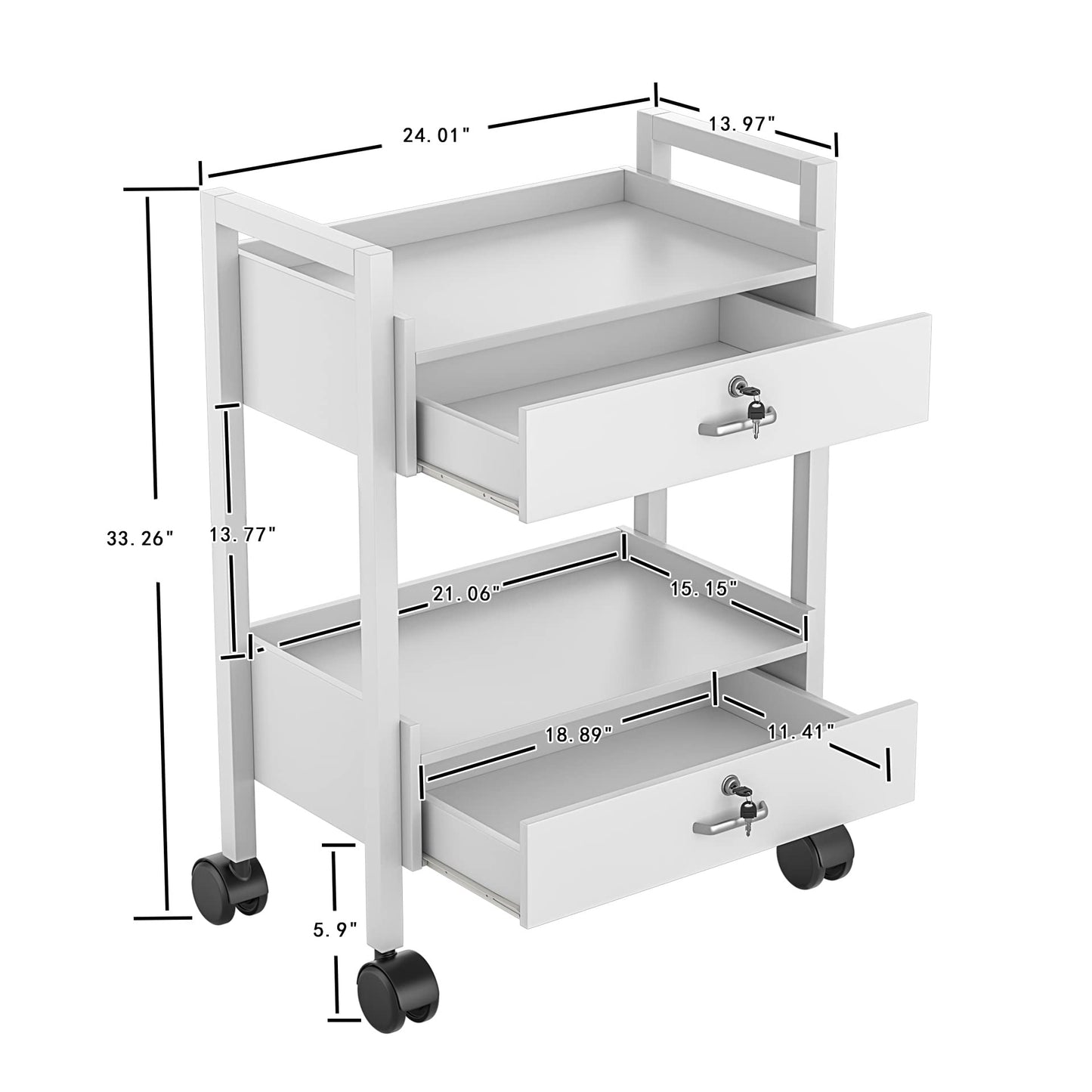 Paddie Salon Trolley Cart, Salon Tray Wooden Mobile Utility Cabinet with 2 Lockable Drawers, Rolling Storage Station Medical Esthetic Supply Holder for Beauty Spa (2 Drawers, White)