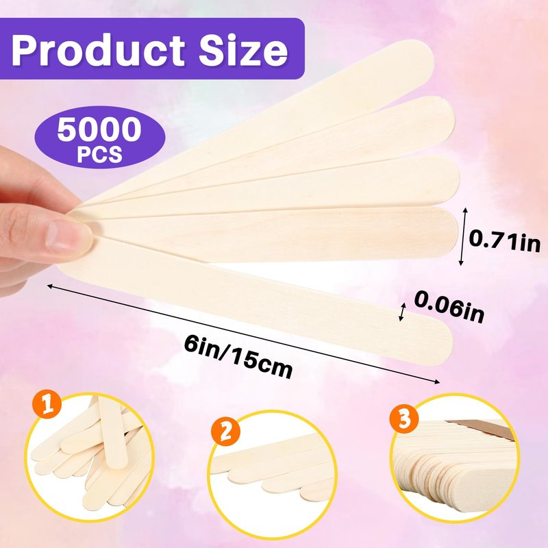 Sintuff 5000 Pcs Jumbo Craft Sticks Bulk 6 Inch Wooden Wax Sticks Multi-Purpose for Face Waxing Body Hair Removal Tongue Depressors and DIY Craft Projects, Plant Labels, Stirring Supplies
