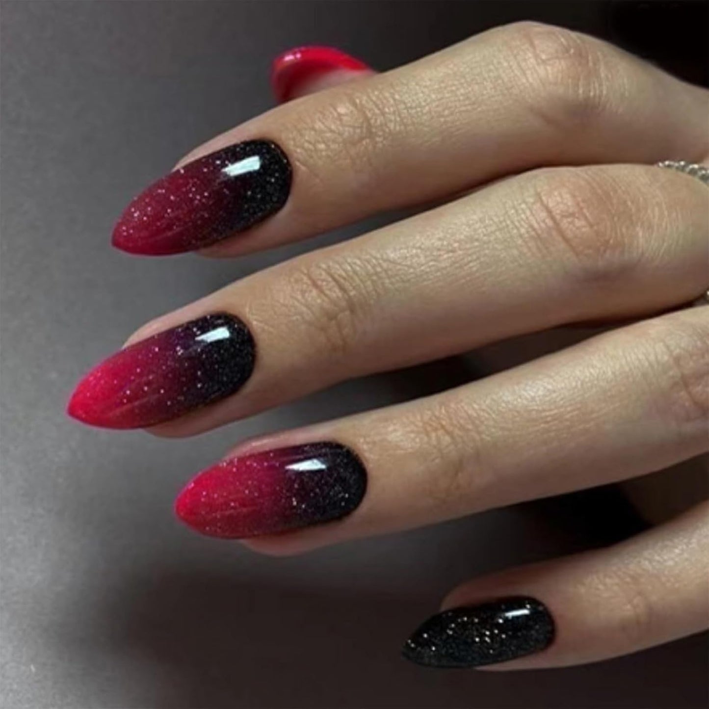 Press On Nails - Orange Almond Shape with Gold Glitter Swirl | 24 Pcs Acrylic Fake Nails for Women