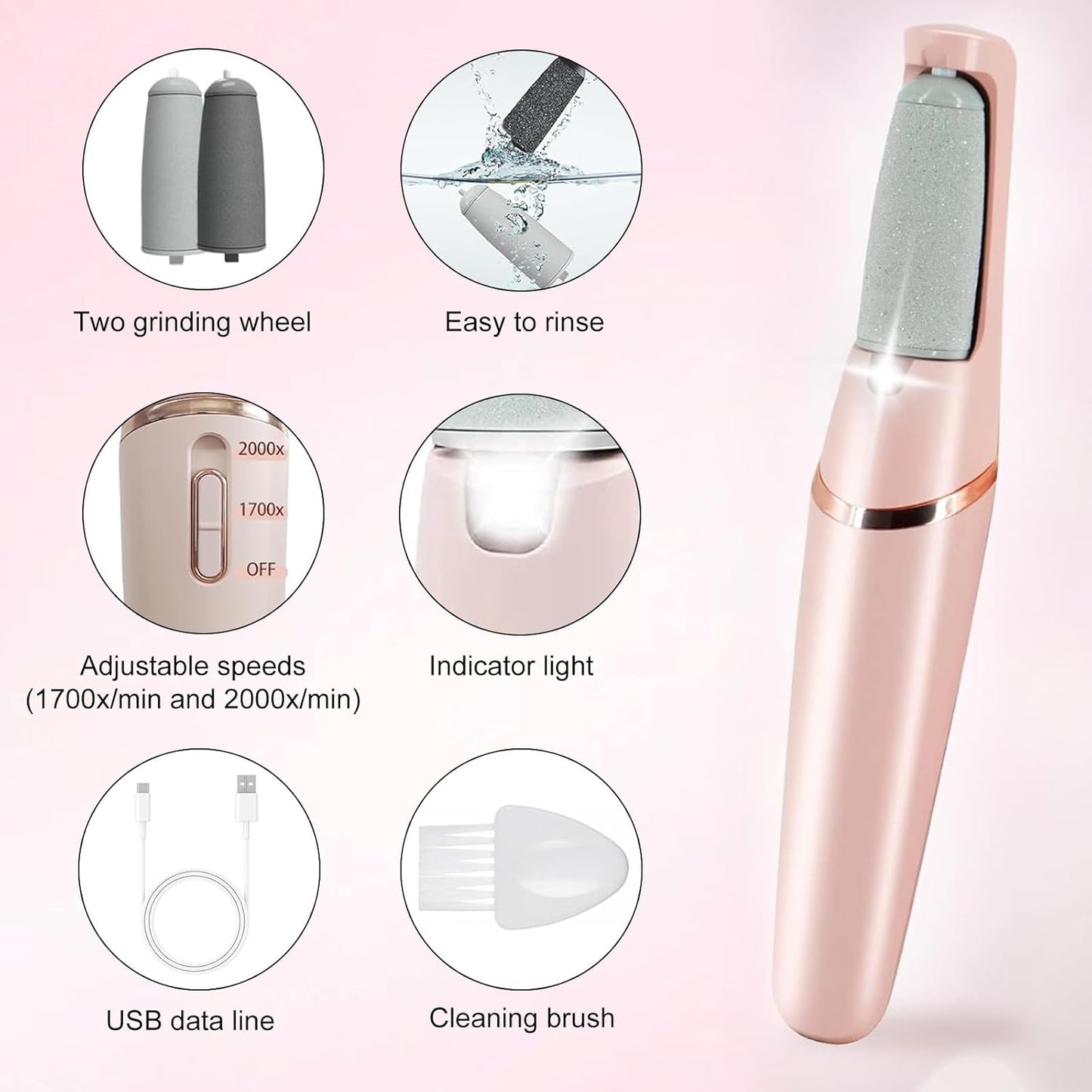 Electric Foot Callus Remover - Rechargeable Pedicure Tool with 2 Speeds & LED Light | At-Home Foot Care for Hard, Cracked Skin (White)