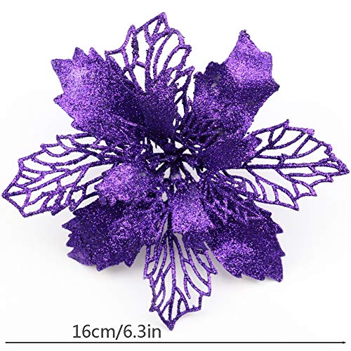 Sopcone 12 Pack Glitter Poinsettia Flowers for Christmas Tree Decorations - 6.2" Diameter (Purple)