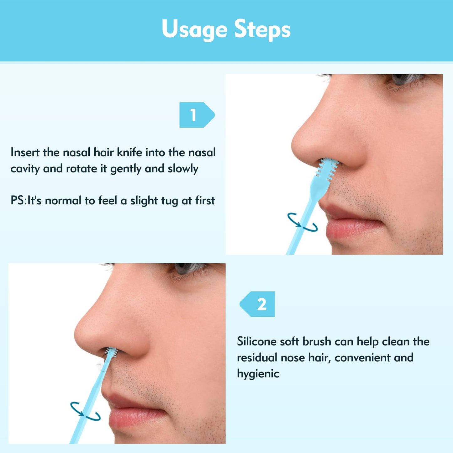 ZASZO 5Pcs 2-in-1 Nasal Hair Cutter, Double-Sided Nose Hair Trimmer Upgrade, 360° Rotating Manual Nose Trimmer Portable with Soft Cleaning Brush for Women and Men (Blue)