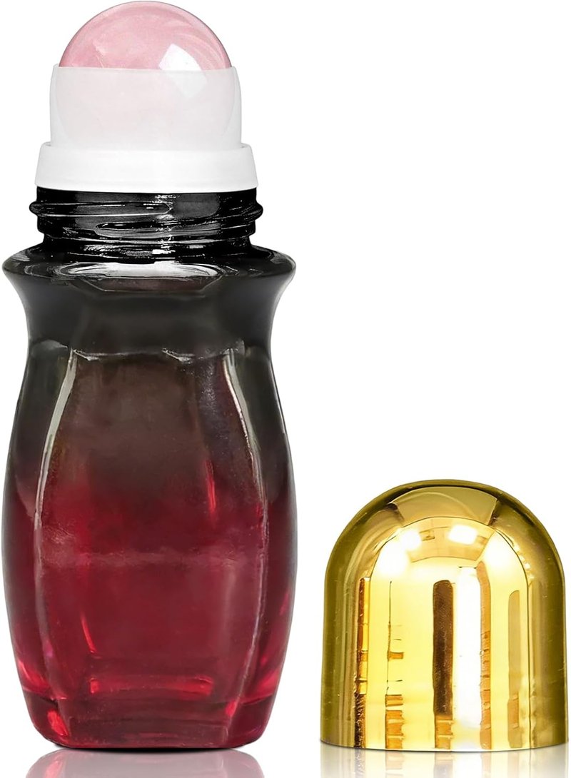 Rose Quartz Roller Bottles - 50ml Refillable Amber Glass for Essential Oils | Leak-Proof Travel Perfume with Gold Caps